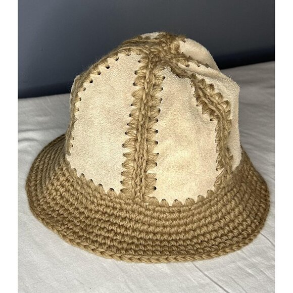J Crew Hat Bucket Wool Suede OS Womens Crochet Leather Casual Unique Patchwork - Picture 1 of 7
